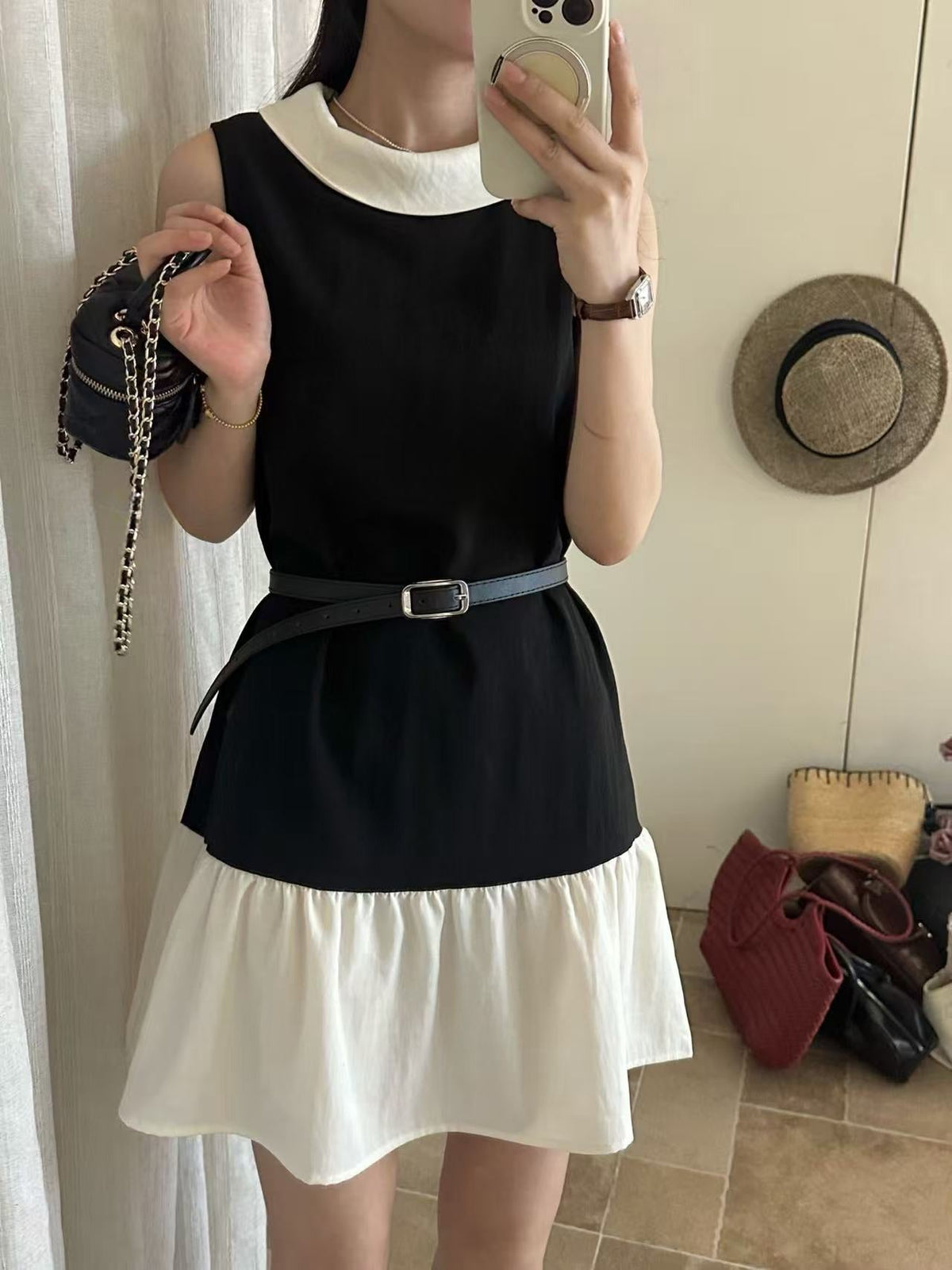 【dress】ノースリーブ襟付き配色ワンピース Q8712