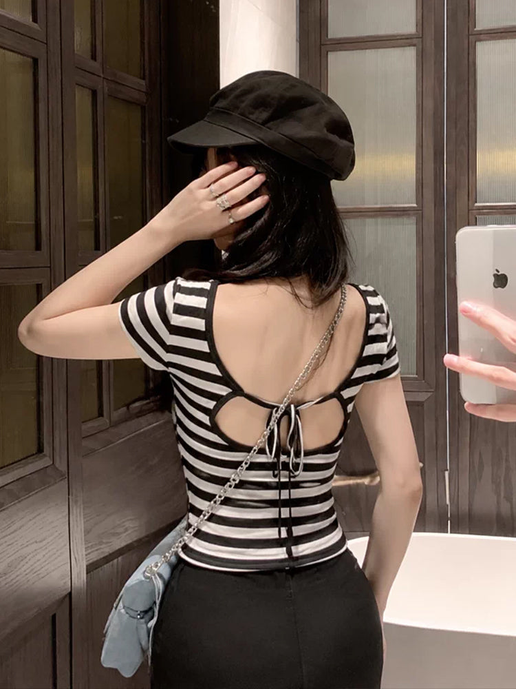 【tops】ボーダー柄バックオーポントップス Q8896