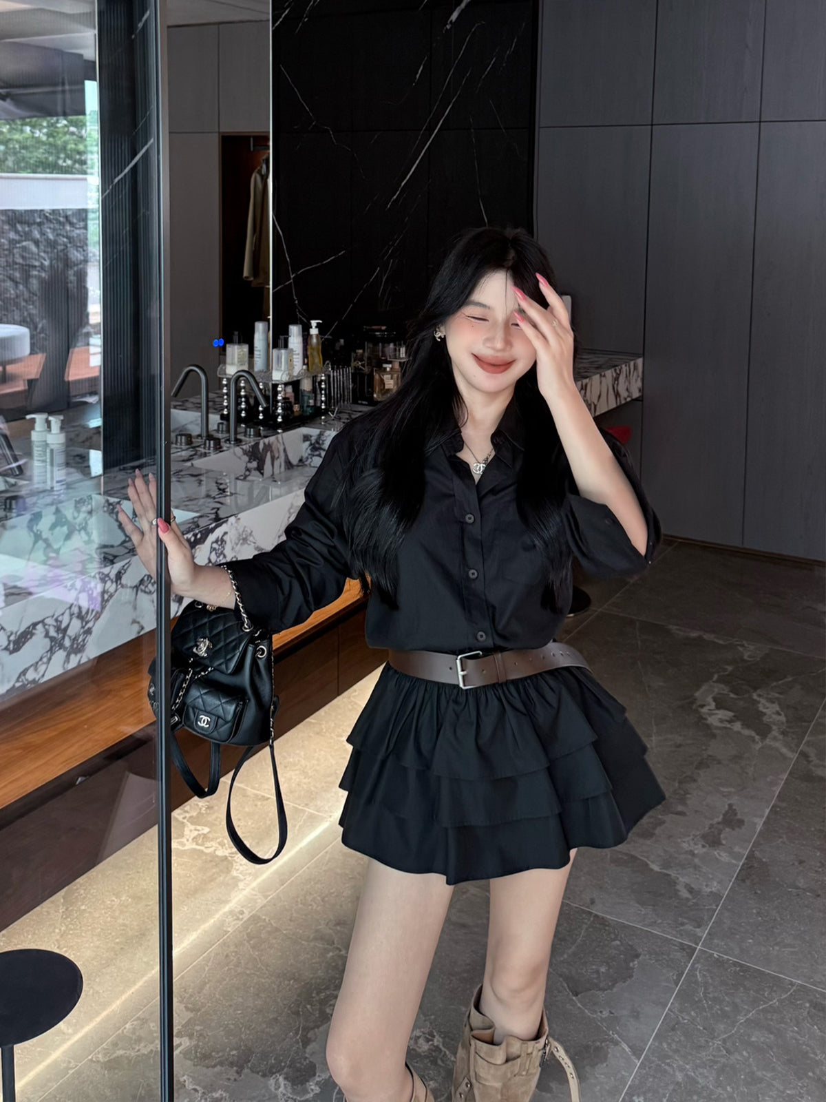 【dress】ベルト付きティアードシャツワンピース Q9045