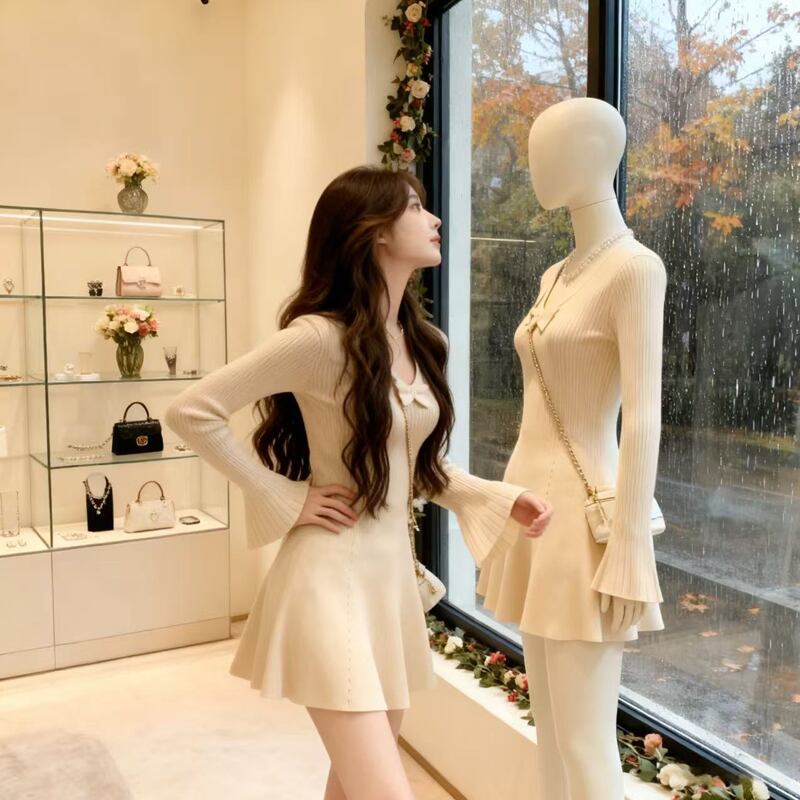 【dress】リボン付きフレアニットワンピース Q7118