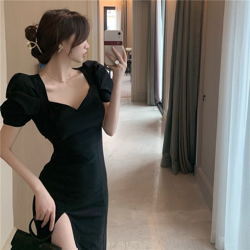 【dress】韓流スタイル!気質満点レトロフランス風パフスリーブ体型カバー着痩せスリットワンピース G6597
