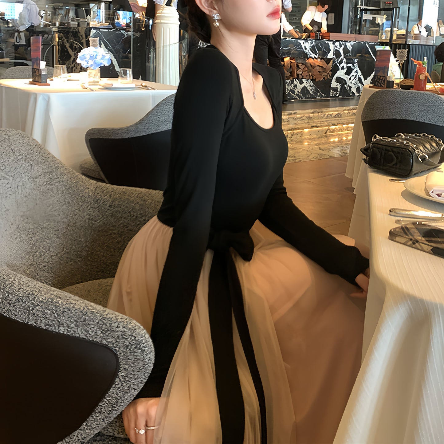 【dress】チュールドッキングロングワンピース　N3439