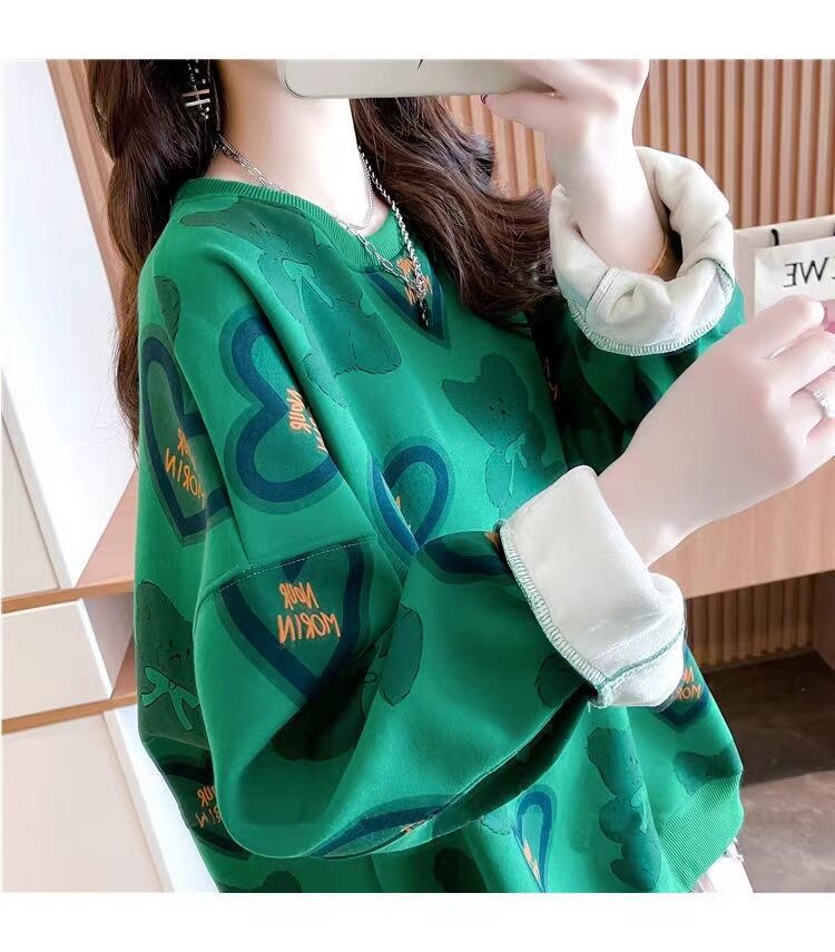 【tops】おすすめ3色裏起毛ラウンドネック長袖秋冬新作動物柄ハート柄配色厚手着回しパーカーF1333