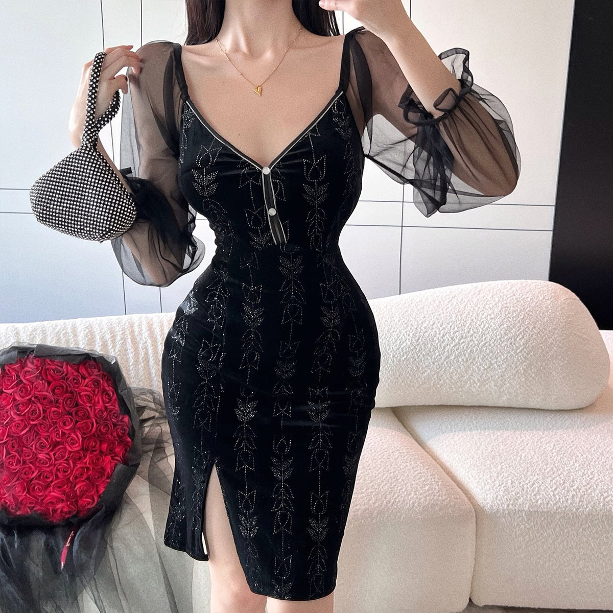 【dress】Vネックドッキングワンピース　M27071