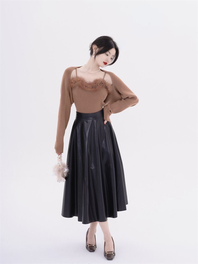 【tops】フェイクファーキャミソール×カーディガンセット　N2128