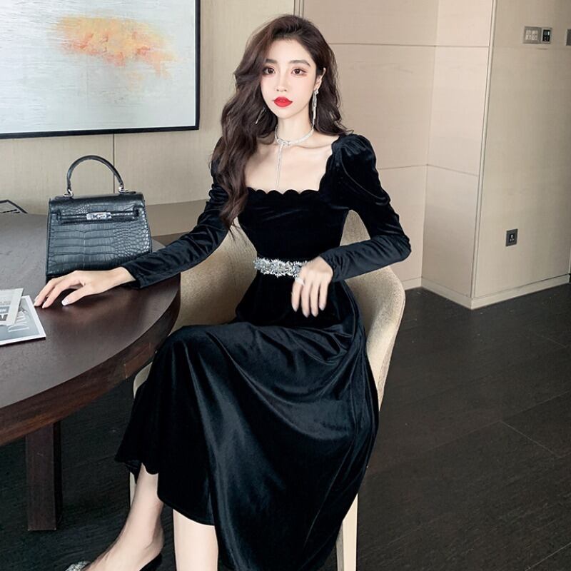 【dress】美人度アップ!気質満点ハイウエスト長袖 スクエアネックワンピース G1418