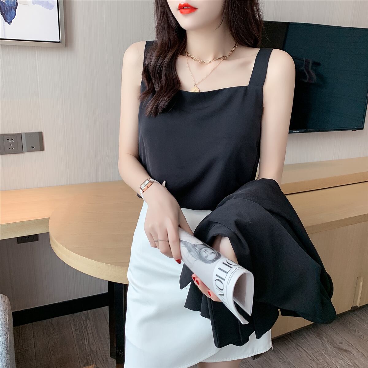 【tops】店長推薦3色夏新作韓国風INS風スクエアネック無地着回しキャミソールF1996