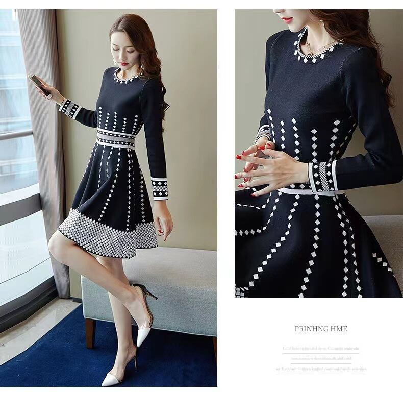 【dress】見逃し厳禁ラウンドネック長袖Aライン体型カバー韓国ファッション配色ワンピースF1415