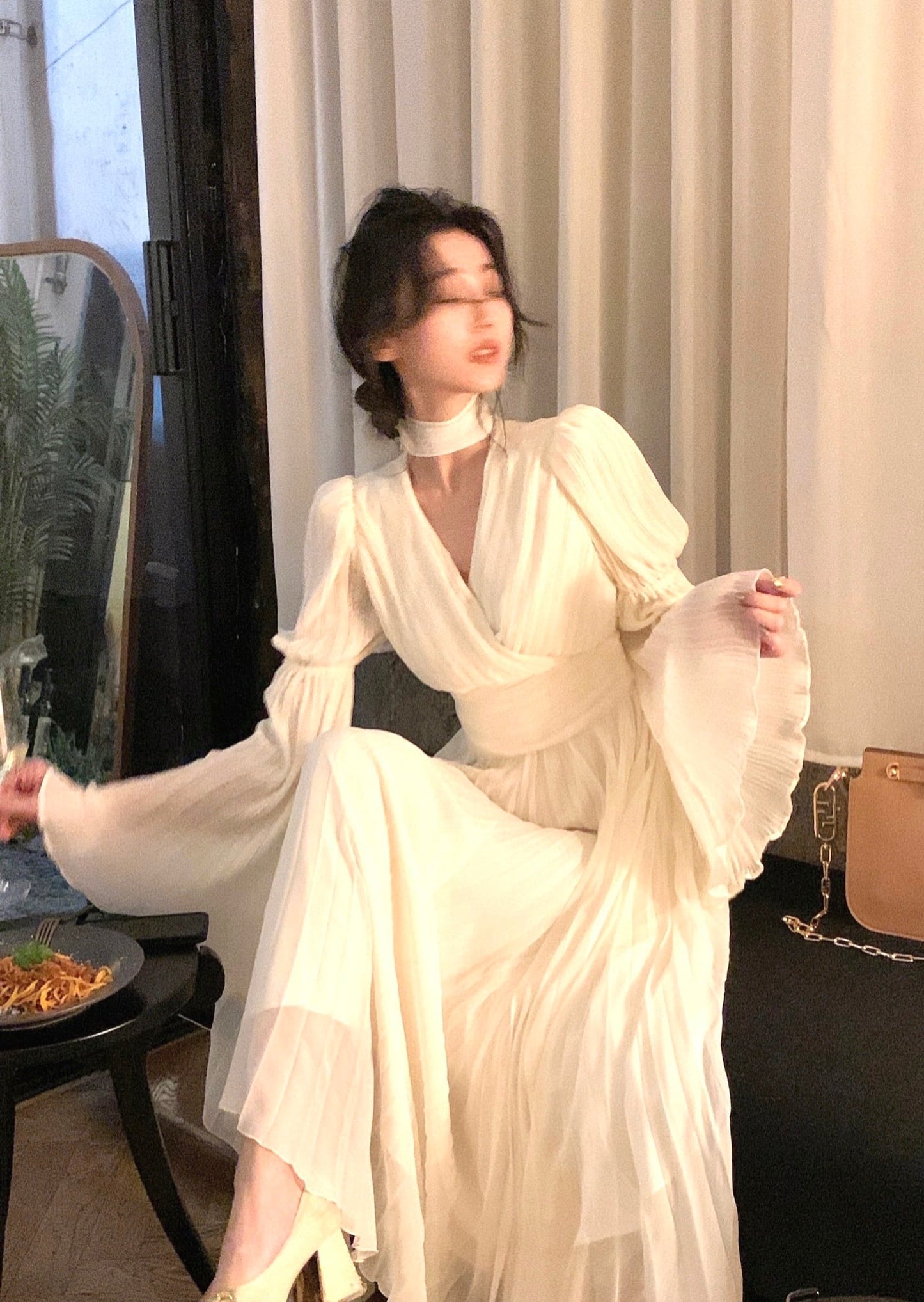 【dress】ベルスリーブプリーツワンピース　N3250