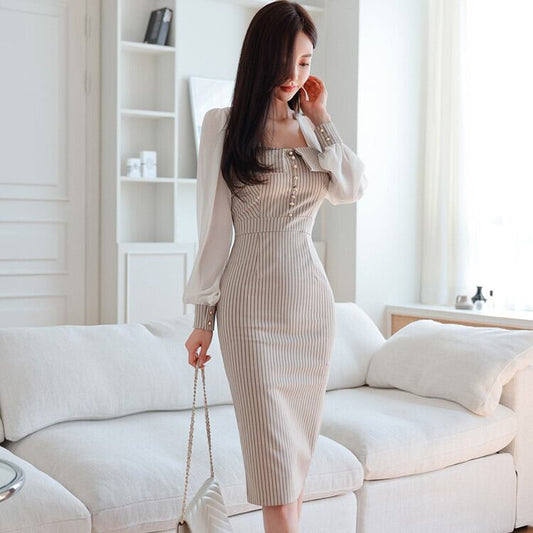 【dress】ファッション!気質満点レトロシフォン切り替え体型カバータイトワンピース G4907