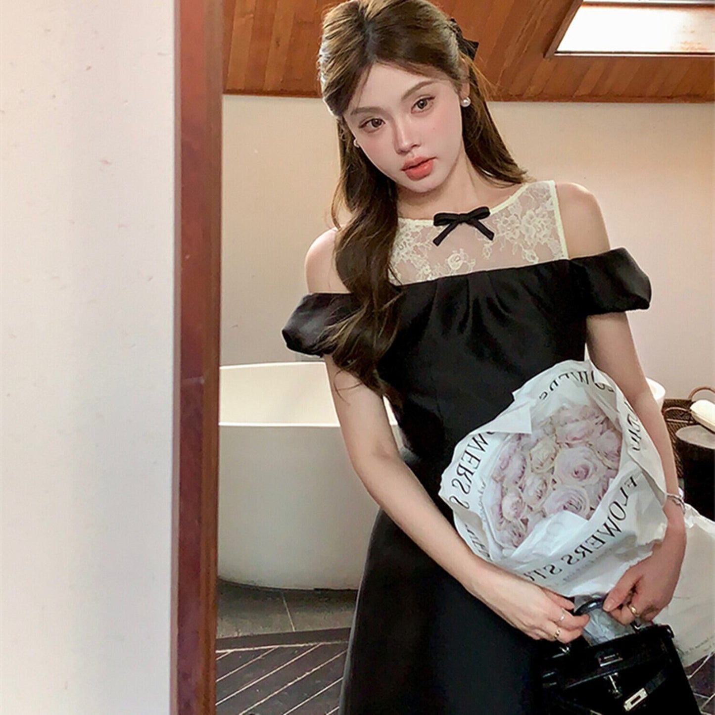 【dress】レースドッキングオフショルダーミニワンピース　N3003