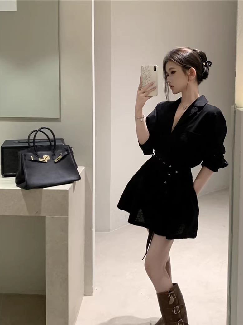 【dress】ベルト付きミニシャツワンピース Q8383