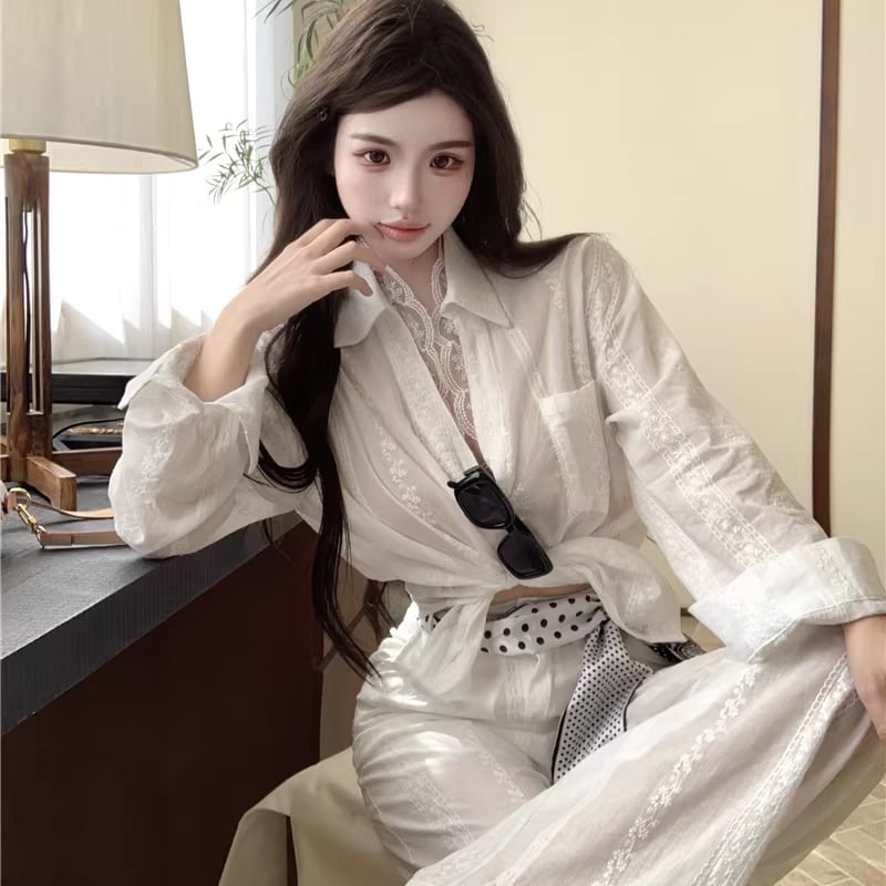 【set】レースドッキングシャツ×スカーフ付きワイドパンツセット Q8074
