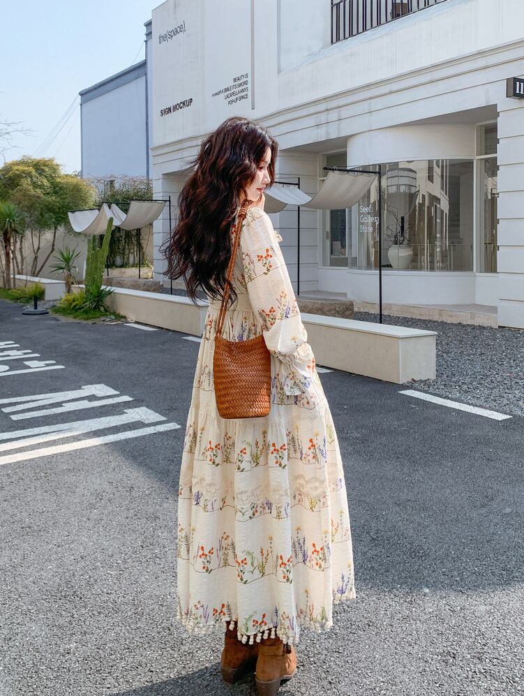 【dress】フリンジ付き花柄ロングワンピース Q8225