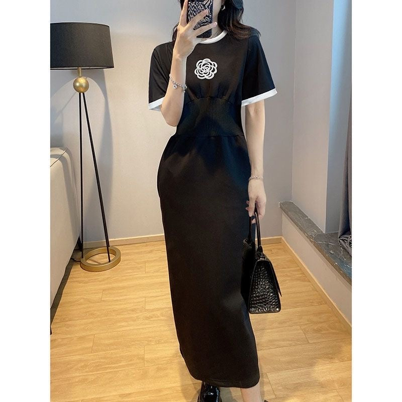 【dress】ラウンドネック半袖ロング丈ワンピースF7794