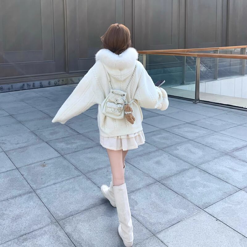 【outer】ファー付きニットカーディガン Q7253