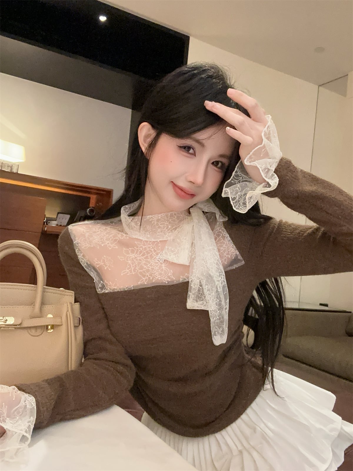 【tops】レースドッキングニットトップス　N2909