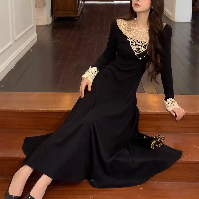 【dress】レースドッキングニットワンピース Q6862