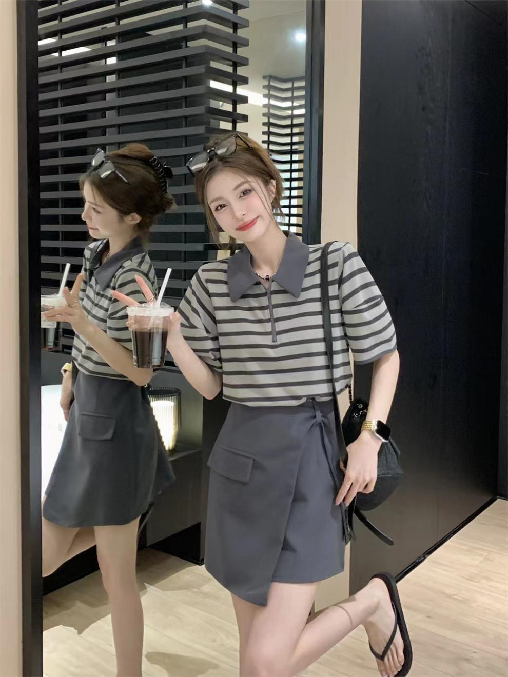 【set】ストライプ柄Tシャツ+スカート２点セットG21355