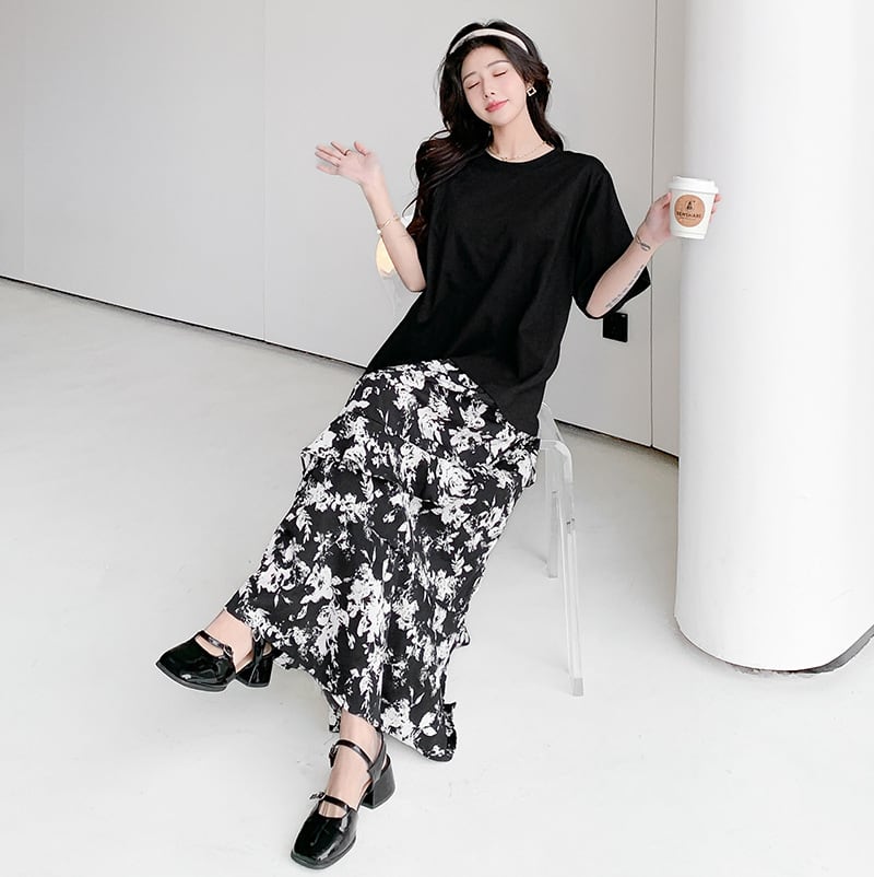 【dress】偽二つ切り替え花柄TシャツワンピースG20456