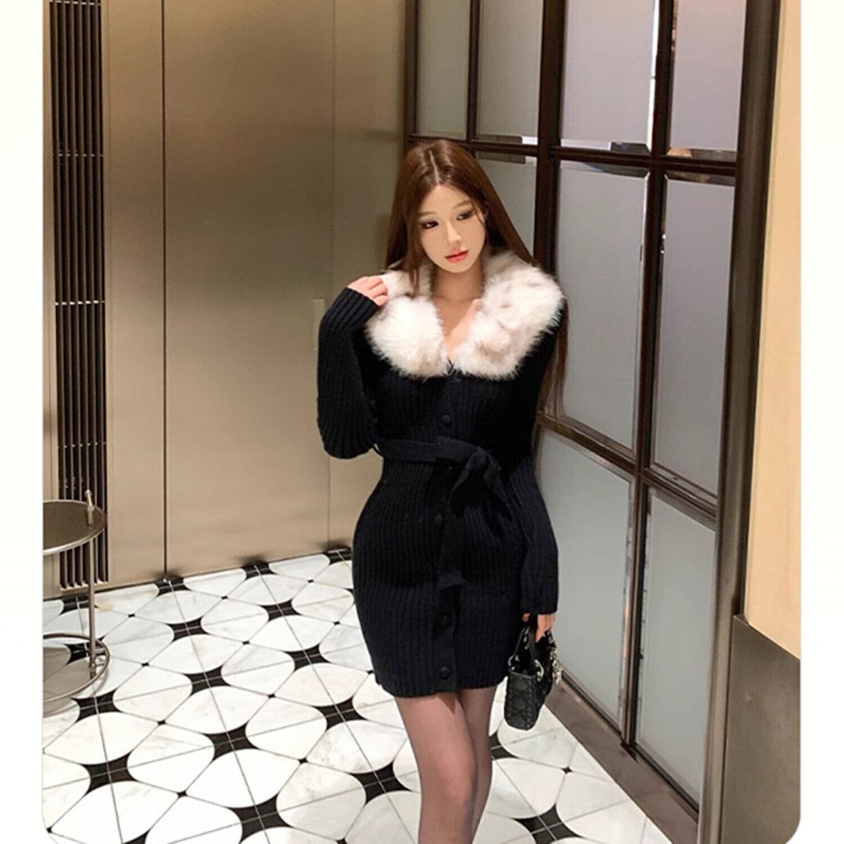 【dress】ファーカラーニットワンピース　N2905