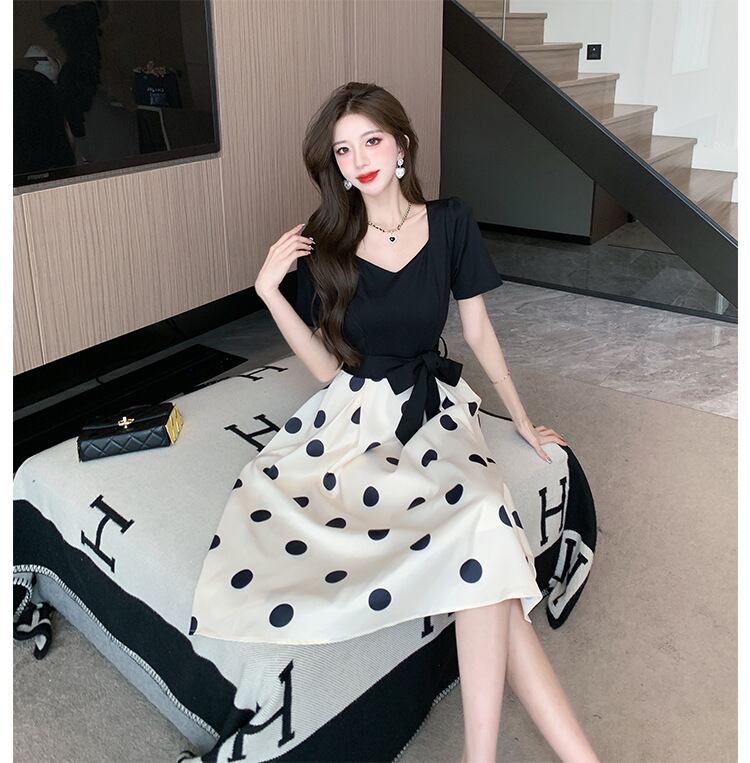 【dress】大人可愛い夏Vネック切り替えドット柄ワンピースF5794