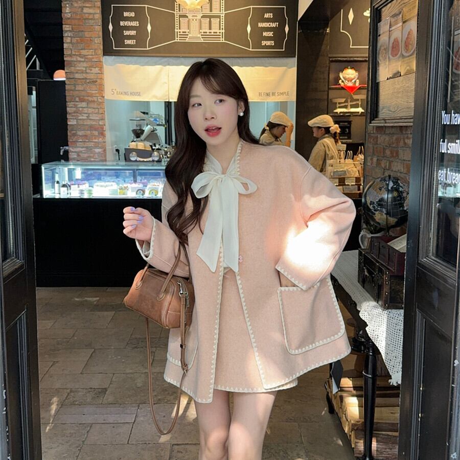 【set】シャツトップス×Vネックコート×スカートセット　M27616