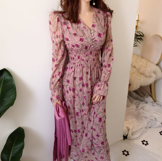 【dress】優しい雰囲気!エレガント気質満点スウィート 韓国系シフォン花柄ワンピース G1785