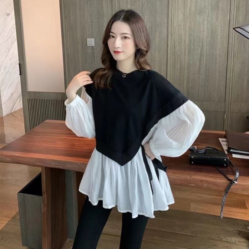 【tops】話題沸騰中ラウンドネック長袖ランタンスリーブ韓国風配色フリル偽二つ切り替えブラウスF1763