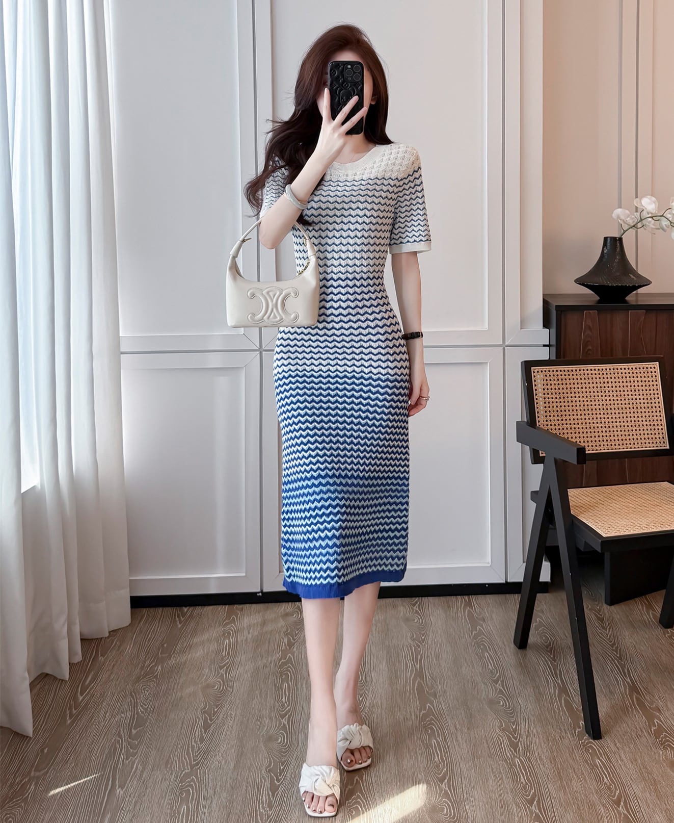 【dress】ウェーブ柄半袖ニットワンピース Q8489