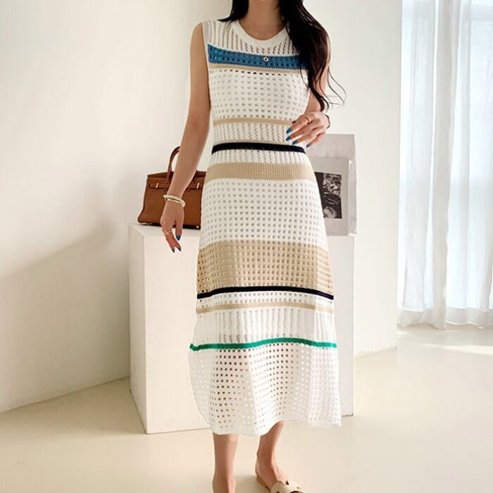 【dress】流行アイテム！3色ラウンドネック配色透かし彫り薄手ニットワンピースインナー付きF0046