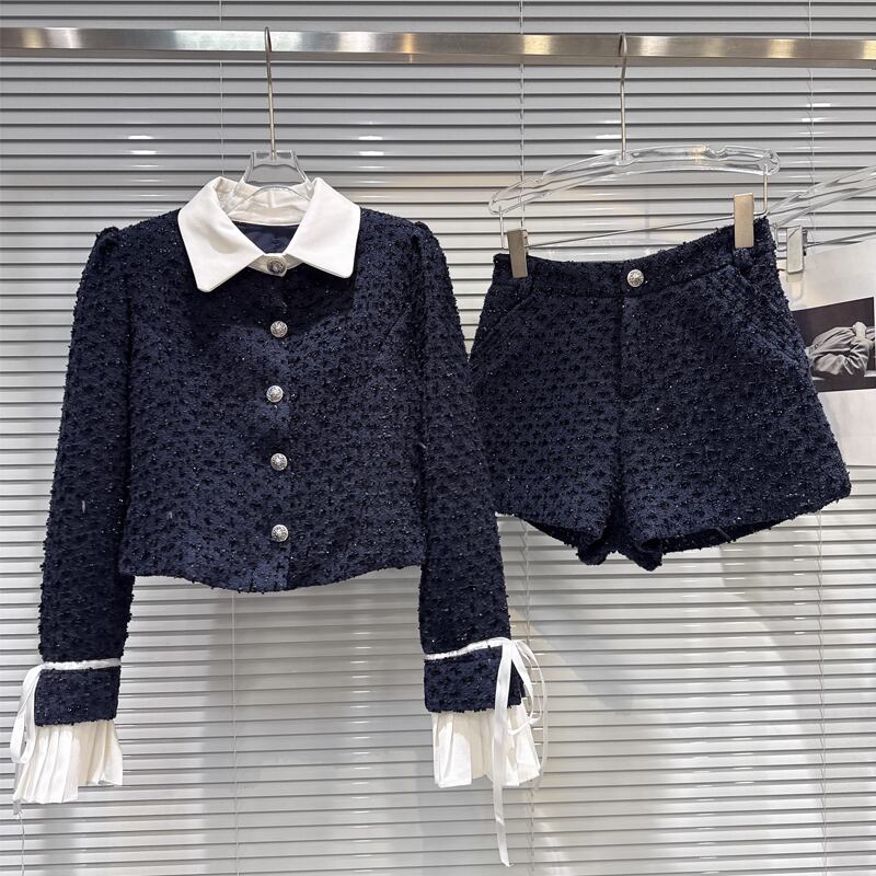 【set】フェイクレイヤードツイードジャケット×ショートパンツセット Q7341