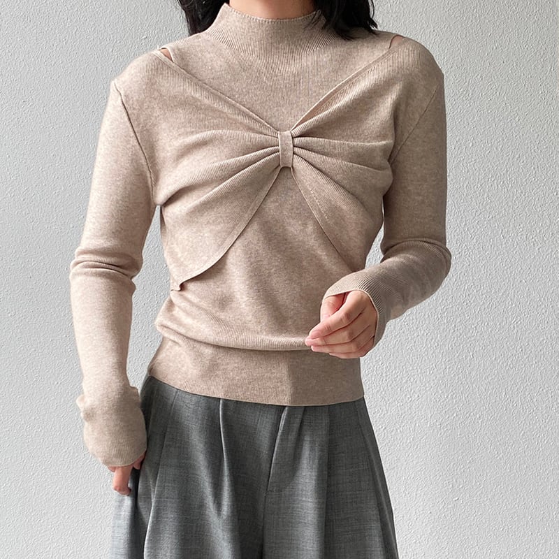 【tops】リボンフェイクレイヤードニットトップス Q7240