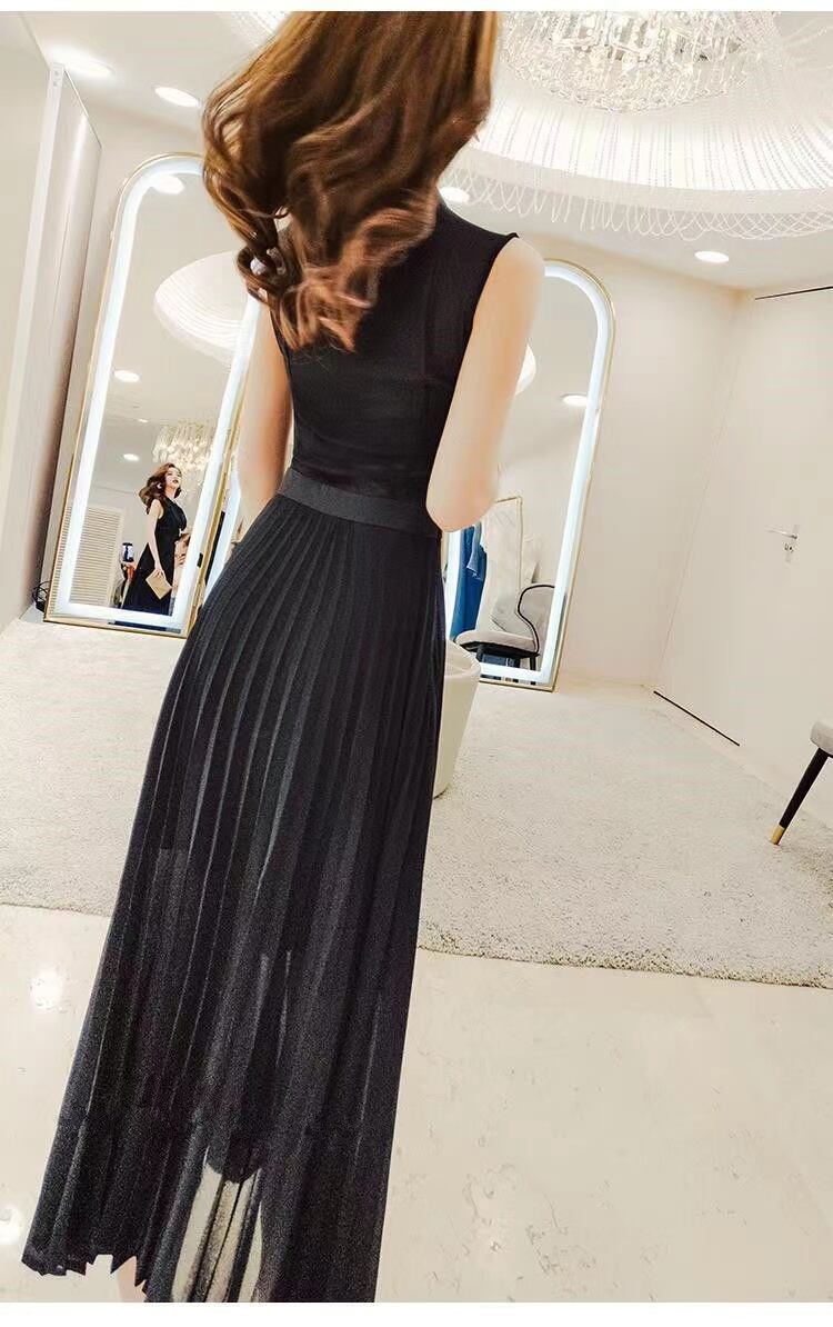 【dress】知的で品の良いノースリーブ無地切り替えウェスト絞りプリーツイレギュラーワンピースF2692