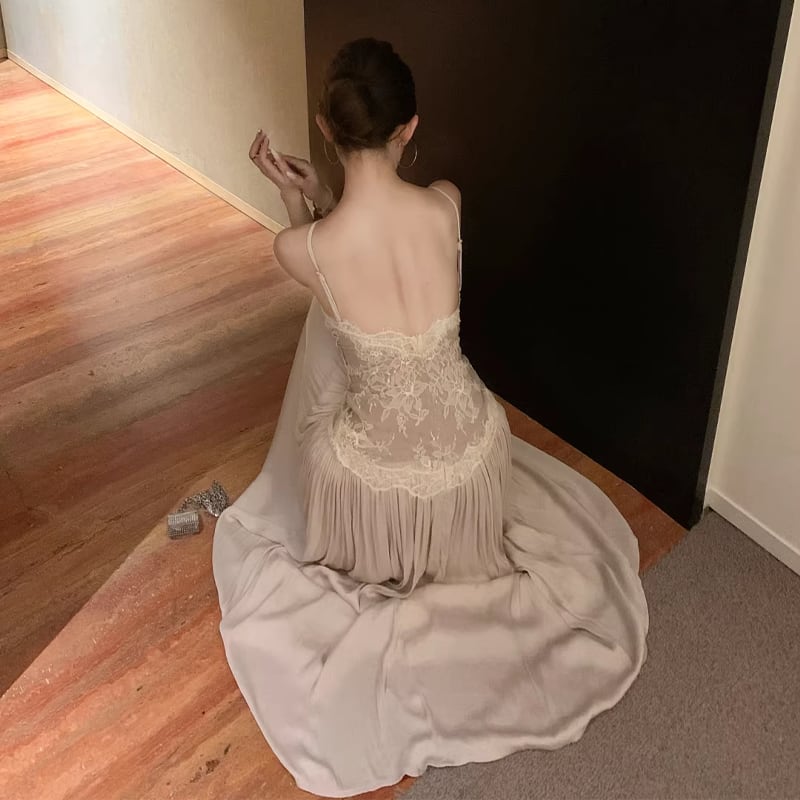 【dress】レースドッキングロングキャミワンピース Q8396