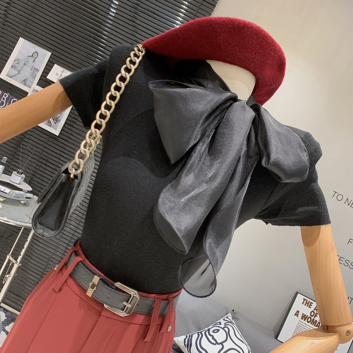 【tops】リボン付きニットTシャツ　M29886