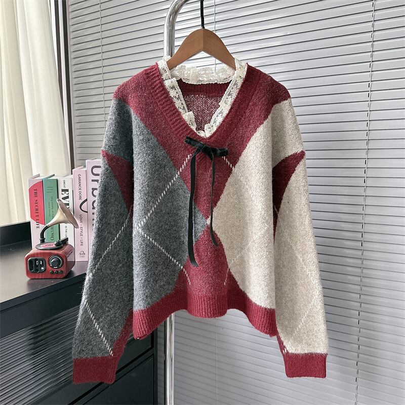 【tops】レース切り替えニットセーター　M28159