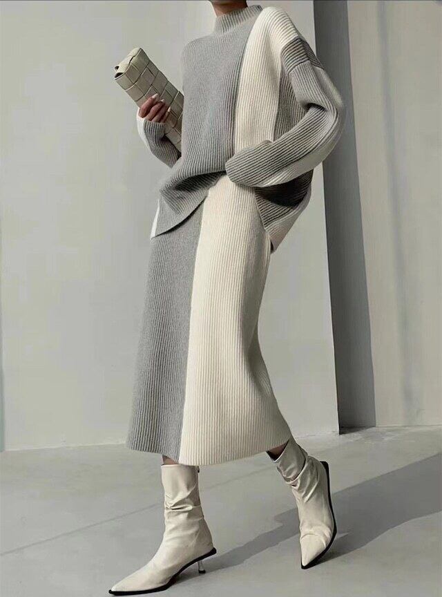 【set】ハイネックセーター+スカート配色２点セット F6295