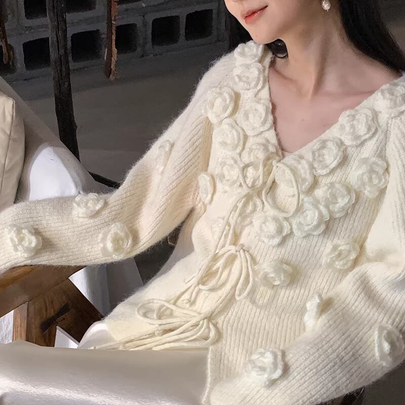 【tops】立体感フラワーニットトップス Q7782