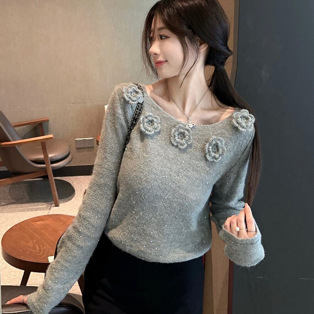 【tops】スパンコール立体フラワーニットトップス　M27222