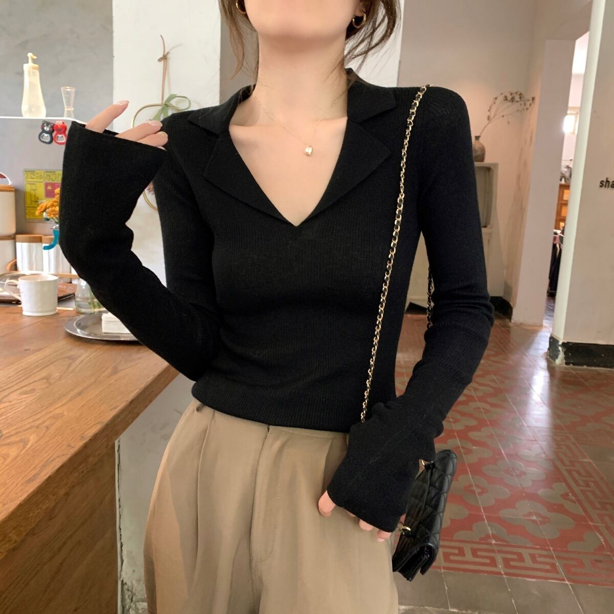 【tops】POLOネックニットトップス　M18950