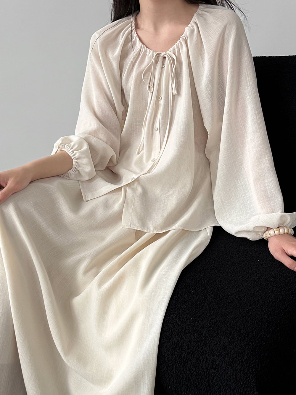 【set】リボン付きトップス×ロングスカートセット Q8324