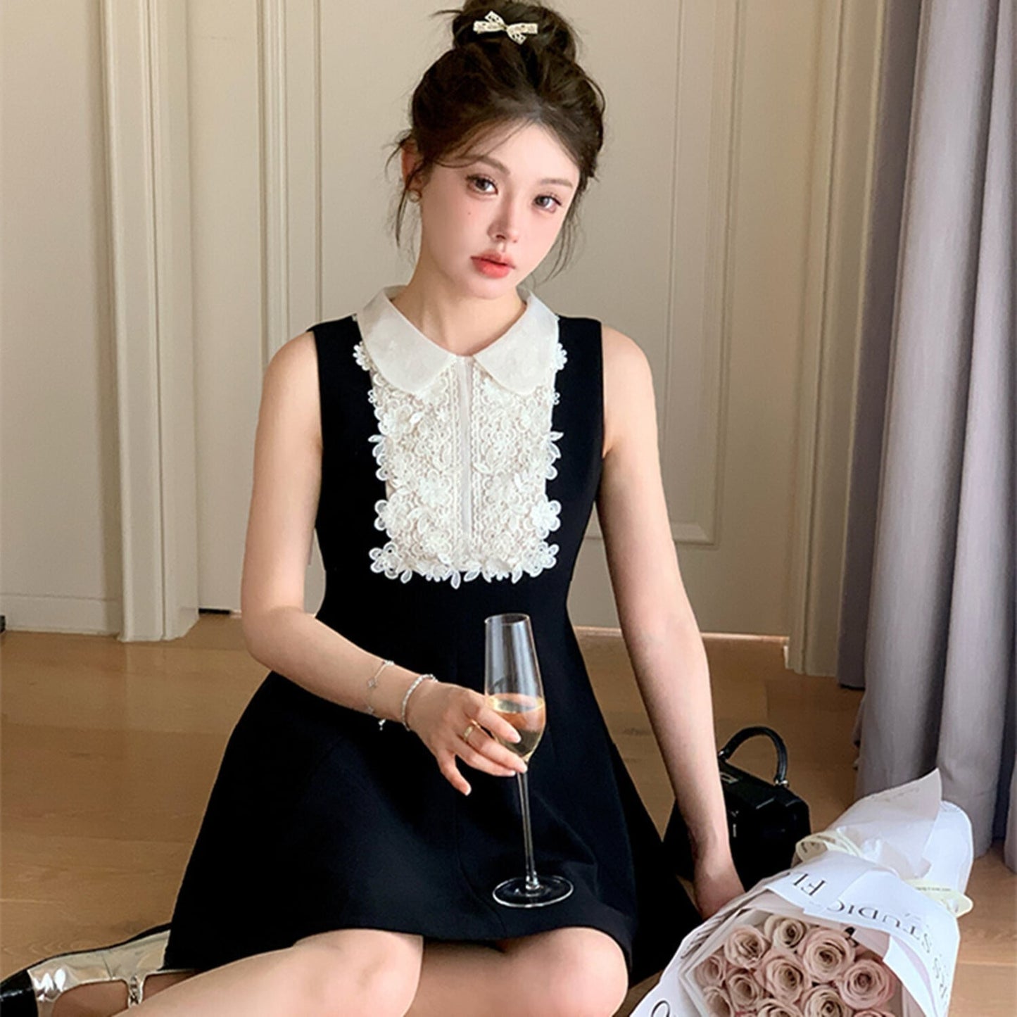 【dress】レースドッキングノースリーブミニワンピース　N2997