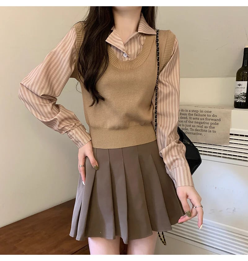 【tops】POLOネック切り替えニットトップス　N2834