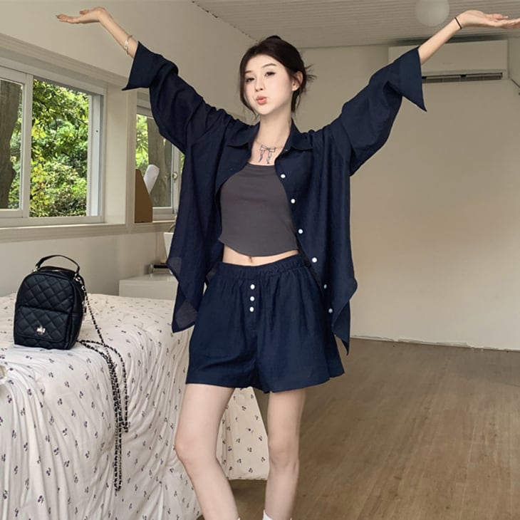 【set】薄手ブラウス+ハイウエストショートパンツ２点セットG21291