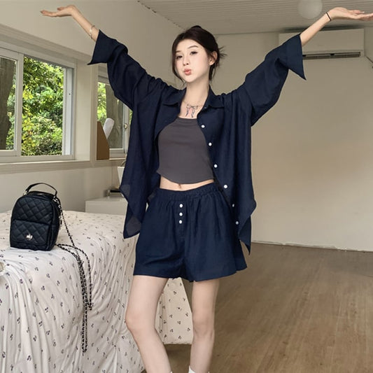 【set】薄手ブラウス+ハイウエストショートパンツ２点セットG21291