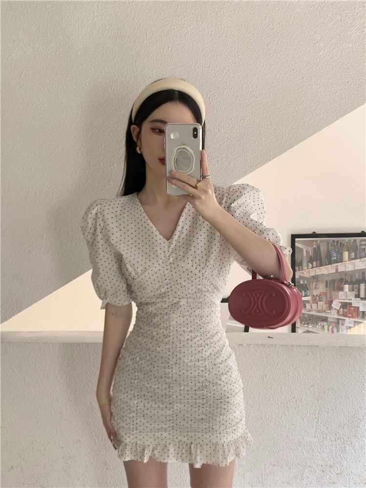 【dress】Vネックパフスリーブギャザーワンピース G21271