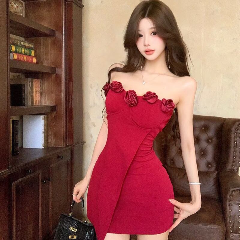 【dress】立体感バラチューブドレス Q8038