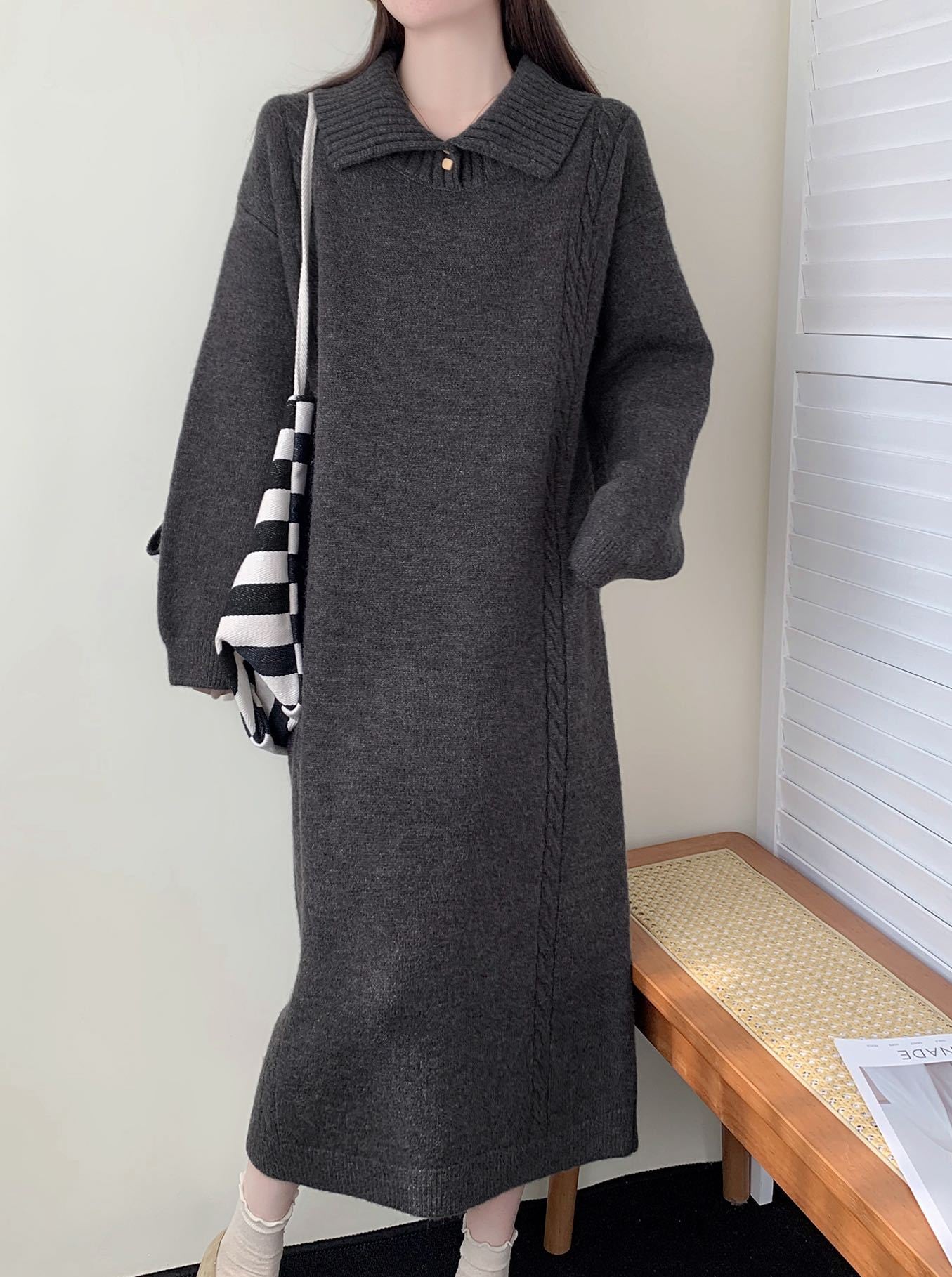 【dress】折り襟ロングニットワンピース Q7771