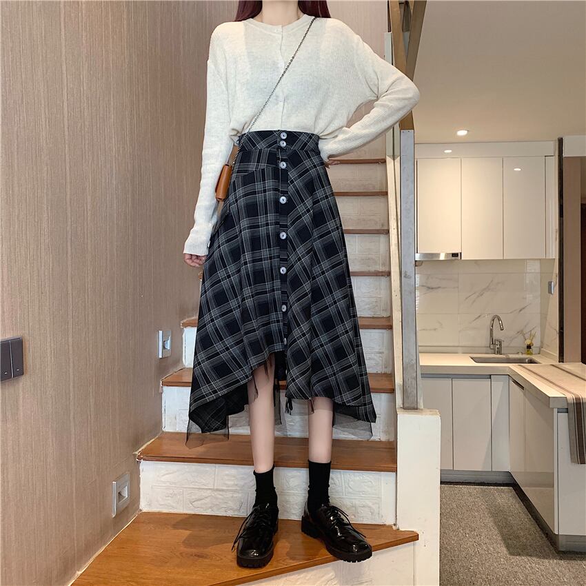 【bottoms】スウィート気質満点デザイン不規則チェック柄ハイウエストスカート